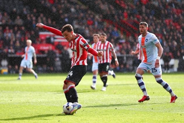 Sheffield, England, 3rd April 2026. Harrison Burrows of Sheffield United scores the third goal during the Sheffield United vs Swansea City Sky Bet Championship match at Bramall Lane, Sheffield. Picture credit should read: Jake Youle Sportimage EDITORIAL USE ONLY. No use with unauthorised audio, video, data, fixture lists, club league logos or live services. Online in-match use limited to 120 images, no video emulation. No use in betting, games or single club league player publications. SPI_023_JY_Sheff_Utd_Swansea SPI-4660-0021