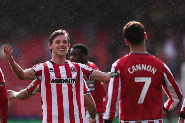 Sheffield, England, 3rd April 2026. Tom Cannon of Sheffield United celebrates the fourth goal with Sydie Peck of Sheffield United during the Sheffield United vs Swansea City Sky Bet Championship match at Bramall Lane, Sheffield. Picture credit should read: Jake Youle Sportimage EDITORIAL USE ONLY. No use with unauthorised audio, video, data, fixture lists, club league logos or live services. Online in-match use limited to 120 images, no video emulation. No use in betting, games or single club league player publications. SPI_047_JY_Sheff_Utd_Swansea SPI-4660-0045