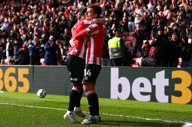 Sheffield, England, 3rd April 2026. Harrison Burrows of Sheffield United celebrates the third goal with Gustavo Hamer of Sheffield United during the Sheffield United vs Swansea City Sky Bet Championship match at Bramall Lane, Sheffield. Picture credit should read: Jake Youle Sportimage EDITORIAL USE ONLY. No use with unauthorised audio, video, data, fixture lists, club league logos or live services. Online in-match use limited to 120 images, no video emulation. No use in betting, games or single club league player publications. SPI_032_JY_Sheff_Utd_Swansea SPI-4660-0030