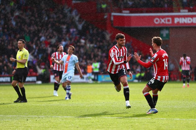 Sheffield, England, 3rd April 2026. Tom Cannon of Sheffield United celebrates the fourth goal with Harrison Burrows of Sheffield United during the Sheffield United vs Swansea City Sky Bet Championship match at Bramall Lane, Sheffield. Picture credit should read: Jake Youle Sportimage EDITORIAL USE ONLY. No use with unauthorised audio, video, data, fixture lists, club league logos or live services. Online in-match use limited to 120 images, no video emulation. No use in betting, games or single club league player publications. SPI_033_JY_Sheff_Utd_Swansea SPI-4660-0031
