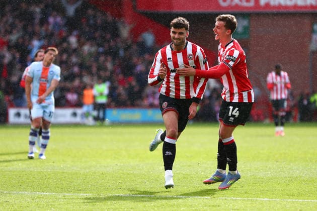 Sheffield, England, 3rd April 2026. Tom Cannon of Sheffield United celebrates the fourth goal with Harrison Burrows of Sheffield United during the Sheffield United vs Swansea City Sky Bet Championship match at Bramall Lane, Sheffield. Picture credit should read: Jake Youle Sportimage EDITORIAL USE ONLY. No use with unauthorised audio, video, data, fixture lists, club league logos or live services. Online in-match use limited to 120 images, no video emulation. No use in betting, games or single club league player publications. SPI_034_JY_Sheff_Utd_Swansea SPI-4660-0032
