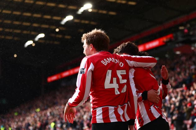 Sheffield, England, 3rd April 2026. Tom Cannon of Sheffield United celebrates the fourth goal with Patrick Bamford of Sheffield United during the Sheffield United vs Swansea City Sky Bet Championship match at Bramall Lane, Sheffield. Picture credit should read: Jake Youle Sportimage EDITORIAL USE ONLY. No use with unauthorised audio, video, data, fixture lists, club league logos or live services. Online in-match use limited to 120 images, no video emulation. No use in betting, games or single club league player publications. SPI_044_JY_Sheff_Utd_Swansea SPI-4660-0042