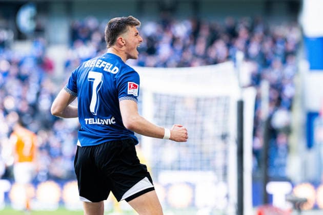 04.04.2026 - Fußball, 2025 2026, 2. Bundesliga, 28. Spieltag, DSC Arminia Bielefeld - SV Darmstadt 98: Semir Telalovic (Bielefeld) jubelt nach seinem Tor zum 1:1 DFL REGULATIONS PROHIBIT ANY USE OF PHOTOGRAPHS AS IMAGE SEQUENCES AND OR QUASI-VIDEO.