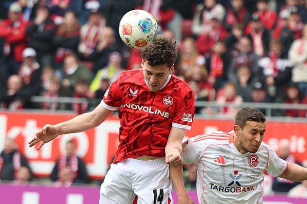 04.04.2026, xrekx, Fussball 2.Bundesliga, 1.FC Kaiserslautern - Fortuna Düsseldorf v.l. Kopfball zum 1:0 durch Jacob Rasmussen (1.FC Kaiserslautern) (DFL DFB REGULATIONS PROHIBIT ANY USE OF PHOTOGRAPHS as IMAGE SEQUENCES and or QUASI-VIDEO) Kaiserslautern