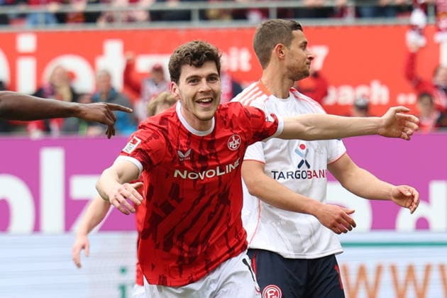 04.04.2026, xrekx, Fussball 2.Bundesliga, 1.FC Kaiserslautern - Fortuna Düsseldorf v.l. Torjubel nach dem Tor zum celebrating the goal celebrate 1:0 durch Jacob Rasmussen (1.FC Kaiserslautern) (DFL DFB REGULATIONS PROHIBIT ANY USE OF PHOTOGRAPHS as IMAGE SEQUENCES and or QUASI-VIDEO) Kaiserslautern