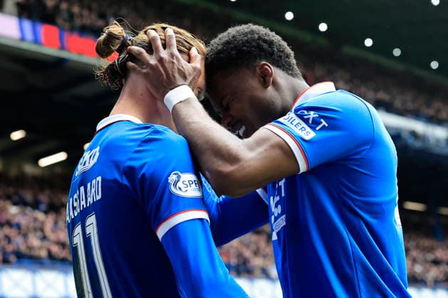 Rangers v Dundee United William Hill Premiership Thelo Aasgaard of Rangers (left) celebrates scoring his teams third goal with Tochi Chukwuani of Rangers during the William Hill Premiership match at Ibrox Stadium, Glasgow 04 04 2026 UK Newspapers OUT Copyright: xFredxPalmerx FIL-23229-0052