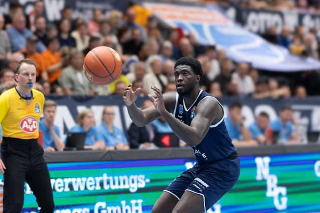 Khyri Thomas (MBC, 0), Syntainics MBC vs. FC Bayern Muenchen Basketball, Basketball, 1. Bundesliga, Maenner, 28. Spieltag, Saison 2025 26, 04.04.2026. Weißenfels Stadthalle Sachsen-Anhalt Deutschland