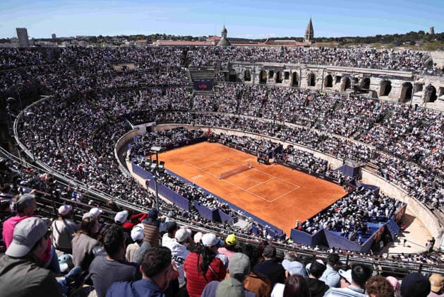 TENNIS : Bastide Medical UTS Nimes - 04 04 2026 NIMES, FRANCE : Â« The Gentle Warrior Â» Felix AUGER-ALIASSIME (1) vs. Â« Rublo Â» Andrey RUBLEV lors de la demi-finale du Bastide Medical UTS Nimes, 1er evenement du tournoi 2026 de l™Ultimate Tennis Showdown aux Arenes de Nimes, le 4 avril 2026. NimesFrance  Copyright: xValentinaxClaretx