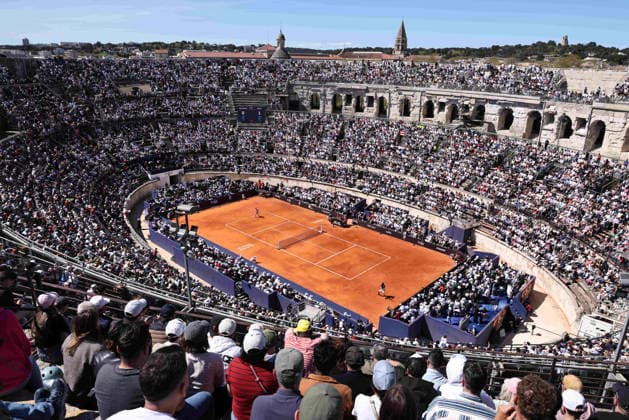 TENNIS : Bastide Medical UTS Nimes - 04 04 2026 NIMES, FRANCE : Â« The Gentle Warrior Â» Felix AUGER-ALIASSIME (1) vs. Â« Rublo Â» Andrey RUBLEV lors de la demi-finale du Bastide Medical UTS Nimes, 1er evenement du tournoi 2026 de l™Ultimate Tennis Showdown aux Arenes de Nimes, le 4 avril 2026. NimesFrance  Copyright: xValentinaxClaretx