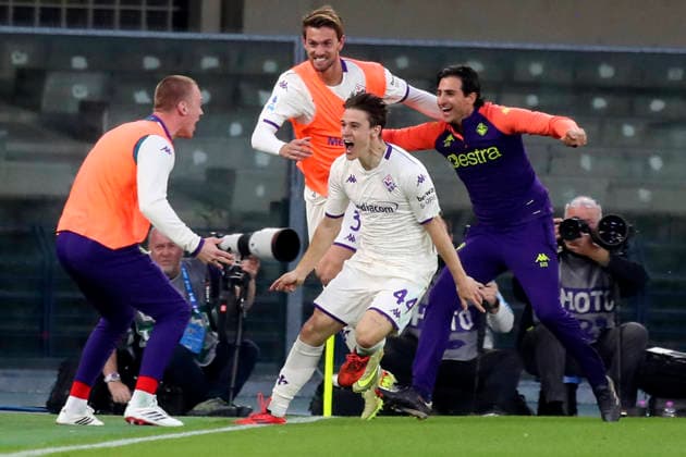 Fiorentina s Nicolo Fagioli celebration goal 0-1 during the Serie A soccer match between Hellas Verona and Fiorentina at the Bentegodi Stadium in Verona, north west Italy - Saturday , April 4 , 2026. - Soccer .  Copyright: xPaolaxGarbuio Lapressex