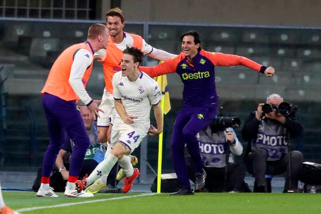 Fiorentina s Nicolo Fagioli celebration goal 0-1 during the Serie A soccer match between Hellas Verona and Fiorentina at the Bentegodi Stadium in Verona, north west Italy - Saturday , April 4 , 2026. - Soccer .  Copyright: xPaolaxGarbuio Lapressex