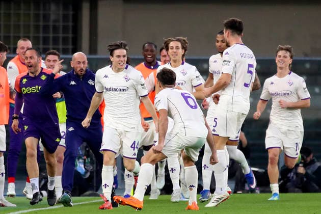 Fiorentina s Nicolo Fagioli celebration goal 0-1 during the Serie A soccer match between Hellas Verona and Fiorentina at the Bentegodi Stadium in Verona, north west Italy - Saturday , April 4 , 2026. - Soccer .  Copyright: xPaolaxGarbuio Lapressex