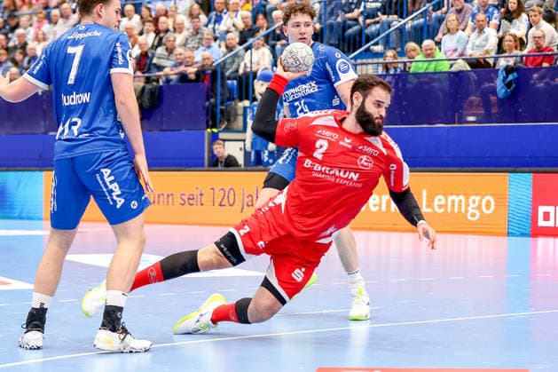 04.04.2026, xsscx, Handball, HBL, TBV Lemgo-Lippe - MT Melsungen, Saison 2025 2026 Herren, PHOENIX CONTACT arena: Ruben Marchan (MT Melsungen 3) beim Wurf Photo: xSandraxScherningxPressefotoKochx Nordrhein-Westfalen Deutschland
