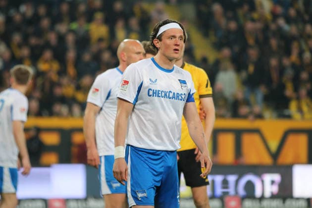 04.04.2026 Fußball Herren 2025 2026 2. Bundesliga 28. Spieltag SG Dynamo Dresden - Hertha BSC Rudolf-Harbig-Stadion Dresden Fabian Reese (Berlin, 11, blau). Dresden Sachsen Deutschland