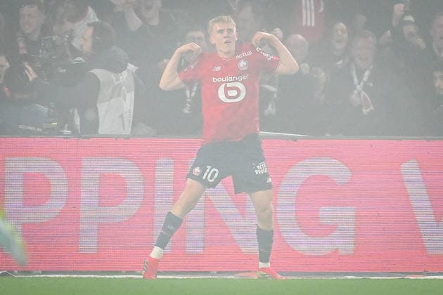 April 4, 2026, Villeneuve-D ascq, France, France: Hakon ARNAR HARALDSSON of Lille celebrates his goal during the Ligue 1 match between Lille OSC (LOSC) and RC Lens at Pierre Mauroy Stadium on April 04, 2026 in Villeneuve-d Ascq near Lille, France. Lille OSC V RC Lens - Ligue 1  - ZUMAm308 20260404_zsp_m308_007 Copyright: xMatthieuxMirvillex