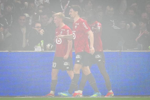 April 4, 2026, Villeneuve-D ascq, France, France: Hakon ARNAR HARALDSSON of Lille celebrate his goal with teammates during the Ligue 1 match between Lille OSC (LOSC) and RC Lens at Pierre Mauroy Stadium on April 04, 2026 in Villeneuve-d Ascq near Lille, France. Lille OSC V RC Lens - Ligue 1  - ZUMAm308 20260404_zsp_m308_008 Copyright: xMatthieuxMirvillex