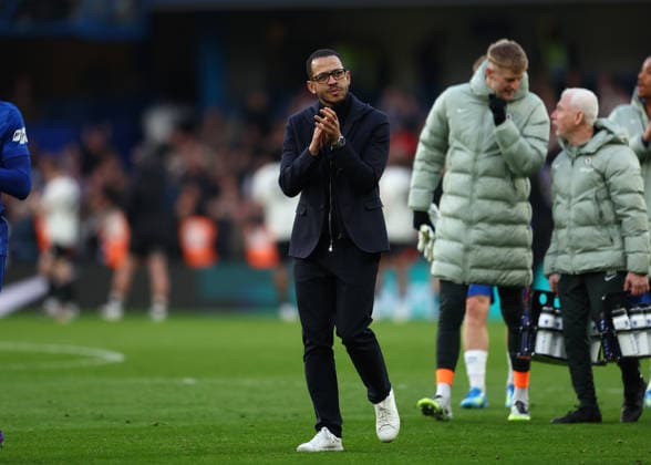 4th April 2026; Stamford Bridge, Chelsea, London, England: FA Cup Football, Chelsea versus Port Vale; Chelsea manager Liam Rosenior applauding the Chelsea fans after the match JPxFletcher Content restricted for UK based newspaper