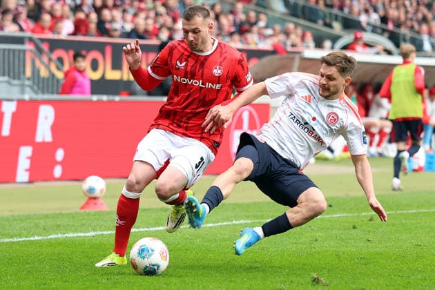04.04.2026, xrekx, Fussball 2.Bundesliga, 1.FC Kaiserslautern - Fortuna Düsseldorf v.l. Luca Sirch (1.FC Kaiserslautern) Florent Muslija (Fortuna Duesseldorf) Zweikampf, Aktion, action, battle for the ball (DFL DFB REGULATIONS PROHIBIT ANY USE OF PHOTOGRAPHS as IMAGE SEQUENCES and or QUASI-VIDEO) Kaiserslautern