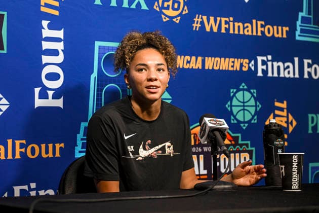 NCAA, College League, USA Basketball: Final Four-UCLA press conference, PK, Pressekonferenz and Practice UCLA Bruins guard Kiki Rice (1) addresses the media during a press conference at the Mortgage Matchup Center on April 4, 2026 in Phoenix, Arizona. (Thomas Fernandez Image of . Phoenix Arizona United States EDITORIAL USE ONLY Copyright: xImagexofxSportx ThomasxFernandezx iosphotos403995