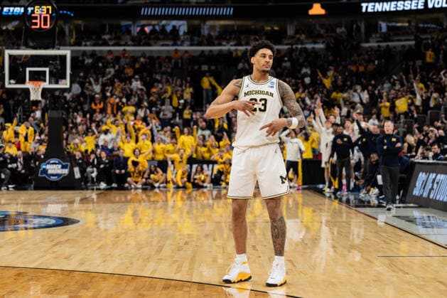 March 29, 2026, Chicago, Illinois, United States: Yaxel Landeborg of the Michigan Wolverines in action against the Tennessee Volunteers in the Elite Eight round of the NCAA, College League, USA Men s Basketball Tournament at the United Center. Final score; Michigan 95-62 Tennessee. Chicago United States - ZUMAs197 20260329_aaa_s197_879 Copyright: xNicholasxMullerx