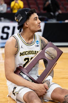 Michigan Wolverines Vs Tennessee Volunteers in Chicago, US - 29 Mar 2026 Yaxel Lendeborg of the Michigan Wolverines celebrates after a win against the Tennessee Volunteers in the Elite Eight round of the NCAA, College League, USA Men s Basketball Tournament at the United Center. Final score; Michigan 95-62 Tennessee. Chicago United States Copyright: xNicholasxMullerx xSOPAxImagesx NMULLER_MICH_TENN_NCAAELITE8(50)