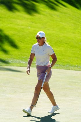 LAS VEGAS, NV - APRIL 03: LPGA, Golf Damen golfer Anna Nordqvist putts on the 8th hole during the second round of the Aramco Championship on April 3, 2026, at Shadow Creek Golf Course in Las Vegas, Nevada. (Photo by Brian Spurlock Icon Sportswire) GOLF: APR 03 LPGA Aramco Championship EDITORIAL USE ONLY Icon26040393