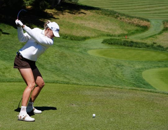 LAS VEGAS, NV - APRIL 03: LPGA, Golf Damen golfer Nataliya Guseva plays her tee shot on the 10th hole during the second round of the Aramco Championship on April 3, 2026, at Shadow Creek Golf Course in Las Vegas, Nevada. (Photo by Brian Spurlock Icon Sportswire) GOLF: APR 03 LPGA Aramco Championship EDITORIAL USE ONLY Icon26040344