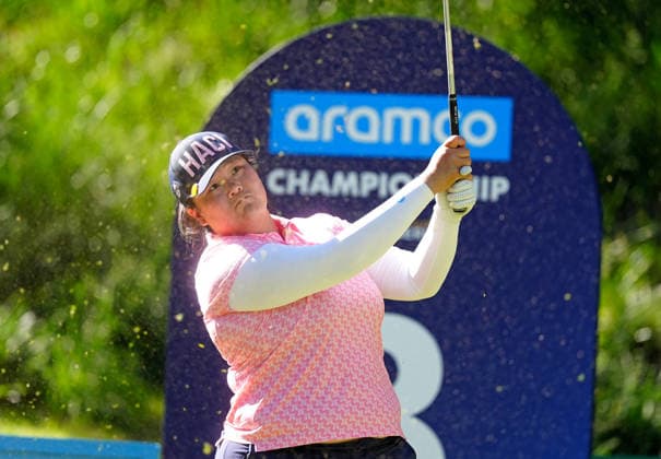LAS VEGAS, NV - APRIL 03: LPGA, Golf Damen golfer Angel Yin plays her tee shot on the 8th hole during the second round of the Aramco Championship on April 3, 2026, at Shadow Creek Golf Course in Las Vegas, Nevada. (Photo by Brian Spurlock Icon Sportswire) GOLF: APR 03 LPGA Aramco Championship EDITORIAL USE ONLY Icon26040326