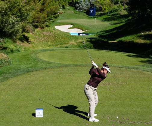 LAS VEGAS, NV - APRIL 03: LPGA, Golf Damen golfer Hannah Green plays her tee shot on the 8th hole during the second round of the Aramco Championship on April 3, 2026, at Shadow Creek Golf Course in Las Vegas, Nevada. (Photo by Brian Spurlock Icon Sportswire) GOLF: APR 03 LPGA Aramco Championship EDITORIAL USE ONLY Icon26040311