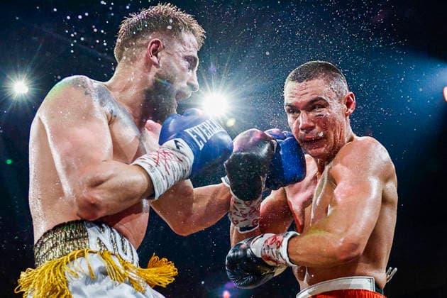 Sport Bilder des Tages BOXING TSZYU NURJA, Denis Nurja lands a punch to the face of Tim Tszyu in his WBO International Super Middleweight Title at WIN Entertainment Centre in Wollongong, Sunday, April 5, 2026. ( NO ARCHIVING, EDITORIAL USE ONLY WOLLONGONG NEW SOUTH WALES AUSTRALIA  Copyright: xMARKxEVANSx 20260405168206132403