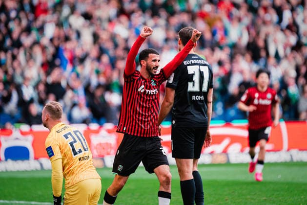 2. Bundesliga: Hannover 96 vs. SV Elversberg, 05.04.2026 TOR, JUBEL durch Noel Aseko Nkili (Hannover 96, 15) zum 1:0; Fußball, 2. Bundesliga, 28. Spieltag: Hannover 96 vs. SV Elversberg am 05.04.2026 in der Heinz von Heiden Arena, Hannover DFL REGULATIONS PROHIBIT ANY USE OF PHOTOGRAPHS AS IMAGE SEQUENCES AND OR QUASI-VIDEO.