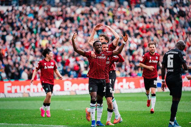 2. Bundesliga: Hannover 96 vs. SV Elversberg, 05.04.2026 TOR, JUBEL durch Noel Aseko Nkili (Hannover 96, 15) zum 1:0; Fußball, 2. Bundesliga, 28. Spieltag: Hannover 96 vs. SV Elversberg am 05.04.2026 in der Heinz von Heiden Arena, Hannover DFL REGULATIONS PROHIBIT ANY USE OF PHOTOGRAPHS AS IMAGE SEQUENCES AND OR QUASI-VIDEO.