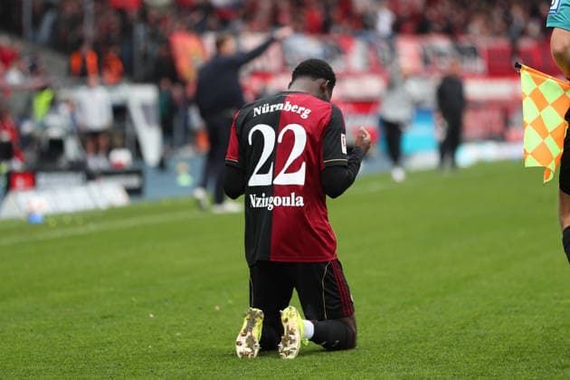 Braunschweig vs Nürnberg 2. BL Braunschweig, 05.04.2026, Fußball, Herren, 2. BL, Saison 2025 2026, Eintracht Braunschweig vs. 1. FC Nürnberg: Rabby Nzingoula (1.FC Nürnberg) jubelt nach seinem Tor zum 0:1 (DFL DFB REGULATIONS PROHIBIT ANY USE OF PHOTOGRAPHS as IMAGE SEQUENCES and or QUASI-VIDEO) Stadion an der Hamburger Straße Niedersachsen Deutschland