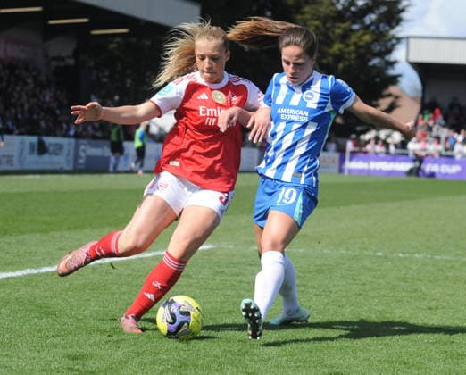 Football - 2025 2026 Adobe Women s FA Cup - Quarter-Final: Arsenal vs. Brighton & Hove Albion - Mangata Devlopments Stadium, Meadow Park, Borehamwood - Sunday 5th April 2026 Smilla Holmberg of Arsenal and Marisa Olislagers of Brighton 
