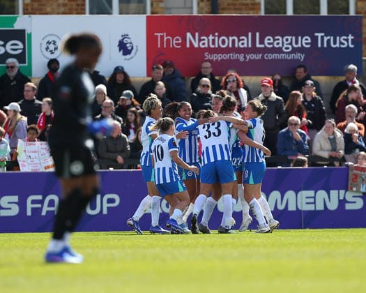 BOREHAMWOOD, ENGLAND - APRIL 05: GOAL 0-2. Players of Brighton and Hove Albion celebrate second goal during the Adobe Womens FA Cup match between Arsenal and Brighton and Hove Albion at Mangata Developments Stadium Meadow Park on April 05, 2026 in Borehamwood, England. Copyright: xJayxPatel SPPx Sportspressphoto_SPR124849