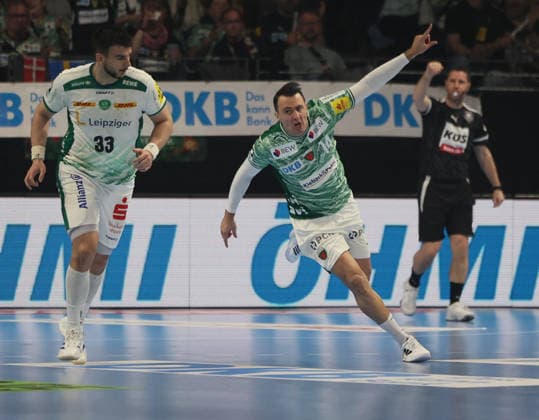GER HBL Saison 2025 2026 FÜCHSE Berlin vs SC DhfK Leipzig, 05.04.26, Max-Schmeling-Halle, Berlin, Aitor ARINO (Füchse Berlin 14) Jubel, Emotion, Fingerzeig