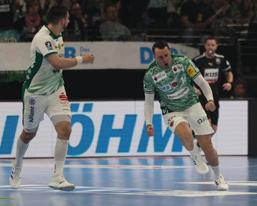 GER HBL Saison 2025 2026 FÜCHSE Berlin vs SC DhfK Leipzig, 05.04.26, Max-Schmeling-Halle, Berlin, Aitor ARINO (Füchse Berlin 14), Jubel nach Torerfolg, Emotion, Faust