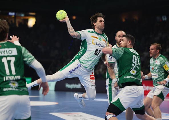 GER HBL Saison 2025 2026 FÜCHSE Berlin vs SC DhfK Leipzig, 05.04.26, Max-Schmeling-Halle, Berlin, Nils LICHTLEIN (Füchse Berlin 17), Dean BOMBAC (SC DHfK Leipzig 67), Mijajlo MARSENIC (Füchse Berlin 93), Moritz PREUSS (SC DHfK Leipzig 24), Max DARJ (Füchse Berlin 5)