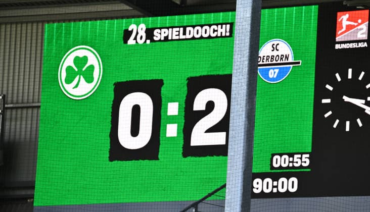 05.04.2026 - Fussball - Saison 2025 2026 - 2. Fussball - Bundesliga - 28. Spieltag: SpVgg Greuther Fürth ( Kleeblatt SGF ) - SC Paderborn 07 SCP - Sportfoto Zink - xwoxzix - DFL regulations prohibit any use of photographs as image sequences and or quasi-video - only for editorial use - Endergebnis auf Anzeigetafel