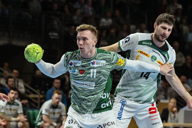 05.04.2026, xlakx, Handball Daikin HBL, Fuechse Berlin - SC DHfK Leipzig v.l. Lasse Andersson (Fuechse Berlin), Marko Mamic (SC DHfK Leipzig) Zweikampf, Duell, Kampf, tackle Berlin