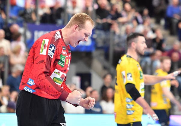 05.04.2026 - Handball - 1. Bundesliga DAIKIN HBL - Saison 2025 2026 - 27. Spieltag: HC Erlangen Metropolregion Nürnberg HCE - Rhein-Neckar Löwen - OGo - xogox - David Späth Spaeth (29, Rhein Neckar Löwen )Jubel Freude