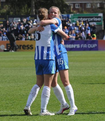 Football - 2025 2026 Adobe Women s FA Cup - Quarter-Final: Arsenal vs. Brighton & Hove Albion - Mangata Devlopments Stadium, Meadow Park, Borehamwood - Sunday 5th April 2026 Maisie Symonds and Nadine Noordam of Brighton celebrate after the match 