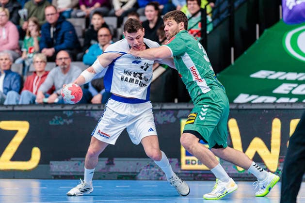 Zweikampf zwischen v.l. Nicolaj Joergensen (Handball Verein Hamburg, 11), Malte Donker (GWD Minden, 39) GER, GWD Minden vs. Handball Sport Verein Hamburg, Handball, 1. Bundesliga, 27. Spieltag, Spielzeit 2025 2026, 05.04.2026 GER, GWD Minden vs. Handball Sport Verein Hamburg, Handball, 1. Bundesliga, 27. Spieltag, Spielzeit 2025 2026, 05.04.2026 Minden Copyright: xEibner-Pressefoto JanxRollingerx EP_JSK