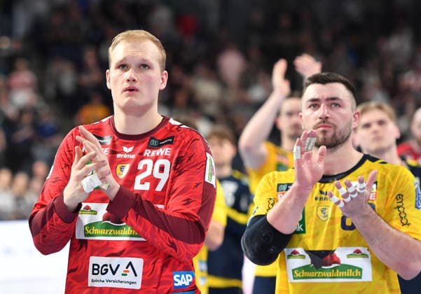 05.04.2026 - Handball - 1. Bundesliga DAIKIN HBL - Saison 2025 2026 - 27. Spieltag: HC Erlangen Metropolregion Nürnberg HCE - Rhein-Neckar Löwen - OGo - xogox - David Späth Spaeth (29, Rhein Neckar Löwen ) Jannik Kohlbacher (80, Rhein Neckar Löwen ) enttäuscht Enttäuschung