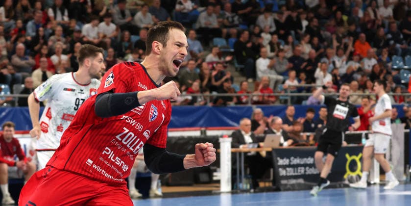 05.04.2026, Deutschland, Bietigheim, Handball 2. Bundesliga, SG BBM Bietigheim vs. TV 05 07 Hüttenberg, Dominik Claus (BBM) jubelt, Jubel