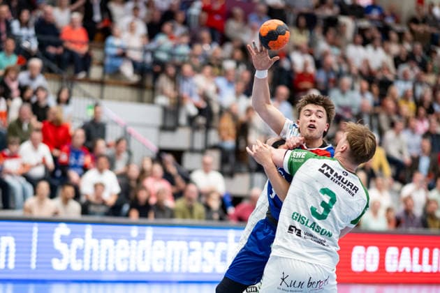 Elias Huber (HBW Balingen Weilstetten, 07), gegen Tjoervi T?r Gislason (HC Oppenweiler Backnang, 03), HBW Balingen Weilstetten vs. HC Oppenweiler Backnang, Handball, 2. Bundesliga, 26. Spieltag, Saison 2025 2026, 05.04.2026, Eibner-Pressefoto Andreas Ulmer HBW Balingen Weilstetten vs. HC Oppenweiler Backnang, Handball, 2. Bundesliga, 26. Spieltag, Saison 2025 2026, 05.04.2026, Balingen Copyright: xEibner-Pressefoto AndreasxUlmerx EP_AUR