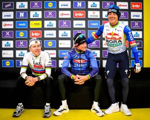 Ronde van Vlaanderen 2026 Cycling Race OUDENAARDE, BELGIUM - APRIL 05 : Pogacar Tadej (SLO) of UAE Team Emirates XRG, Van Der Poel Mathieu (NED) of Alpecin Premier Tech and Evenepoel Remco (BEL) of Red Bull BORA Hansgrohe during the 110th edition of Ronde van Vlaanderen an UCI World Tour 1.UWT one day cycling road race for Men Elite of 271 km with start in Antwerpen and finish in Oudenaarde on April 5, 2026 in Oudenaarde, Belgium, 05 04 2026 Oudenaarde Belgium  Copyright: xTomasxSiskx