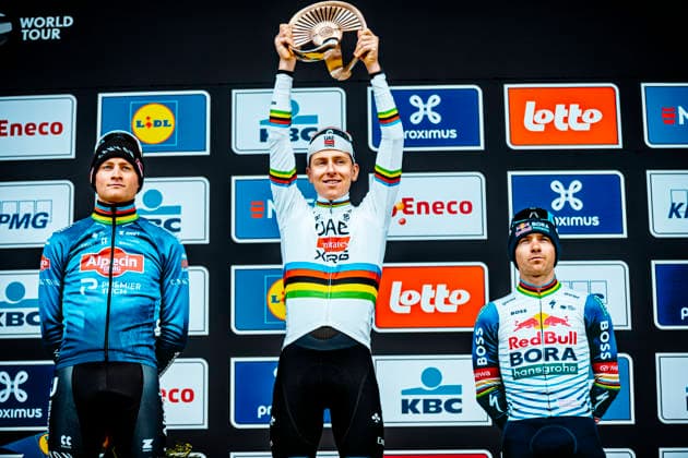 Cycling - 110th Ronde van Vlaanderen Podium of the 110th Ronde van Vlaanderen - with World Champion Tadej Pogacar (SLO UAE Team Emirates - XRG) in first, Mathieu van der Poel (NED Alpecin-Premier Tech) in second and Remco Evenepoel (BEL Red Bull - BORA - hansgrohe) third 110th Ronde van Vlaanderen (1.UWT) - One day race from Antwerp to Oudenaarde Belgium - 278,2km Photo: Stijn Bastens CC Antwerp Belgium  Copyright: xContentxCurationx StijnxBastensx xCCx