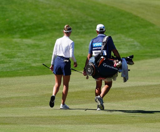 LAS VEGAS, NV - APRIL 05: From left to right LPGA, Golf Damen golfer Nelly Korda walks the 9th hole during the final round of the Aramco Championship on April 5, 2026, at Shadow Creek Golf Course in Las Vegas, Nevada. (Photo by Brian Spurlock Icon Sportswire) GOLF: APR 05 LPGA Aramco Championship EDITORIAL USE ONLY Icon26040530