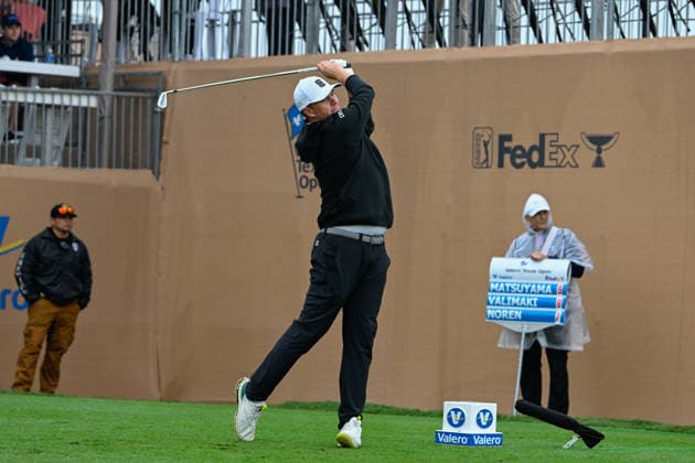 SAN ANTONIO, TX - APRIL 05: Sami Valimaki (FIN) watches his tee shot on 16 during the third round of the Valero Texas Open on April 5, 2026, at the AT&T Oaks Course at TPC San Antonio, San Antonio, Texas. (Photo by Ken Murray Icon Sportswire) GOLF: APR 05 PGA, Golf Herren Valero Texas Open EDITORIAL USE ONLY Icon2604050194
